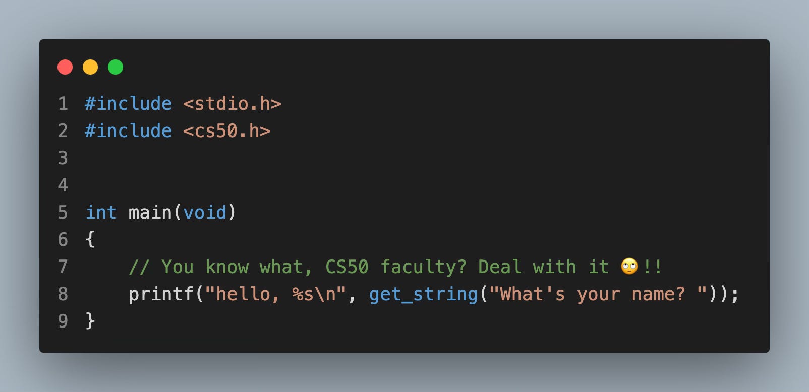 Code example showing one-liner C program