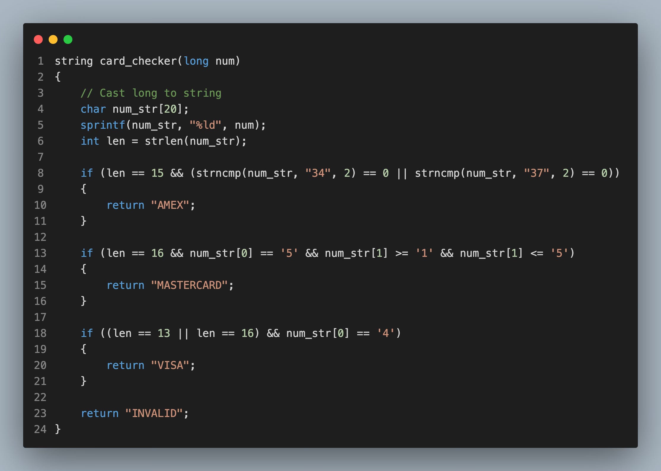 Card checker function implementation